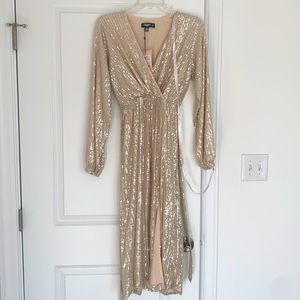 Misguided midi sequin dress with slit, US size 6 petite. Champagne color.